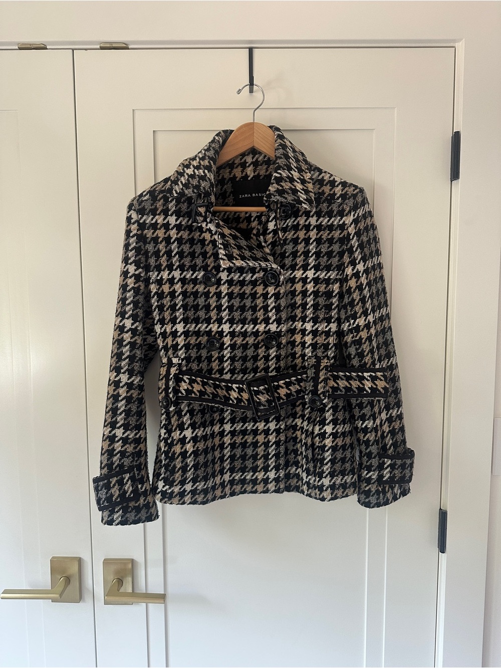 Zara Basic Houndstooth Belted Wool Blend Jacket Coat L Navy, Cream, Grey